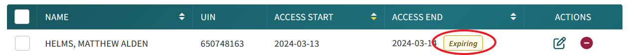 Screenshot showing a Group Member with a yellow Expiring icon indicating expiring access Screenshot showing a Group Member with a yellow Expiring icon indicating expiring access