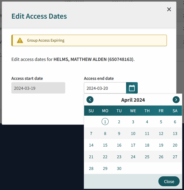 A popup window modal to manually edit access dates for a user A popup window modal to manually edit access dates for a user